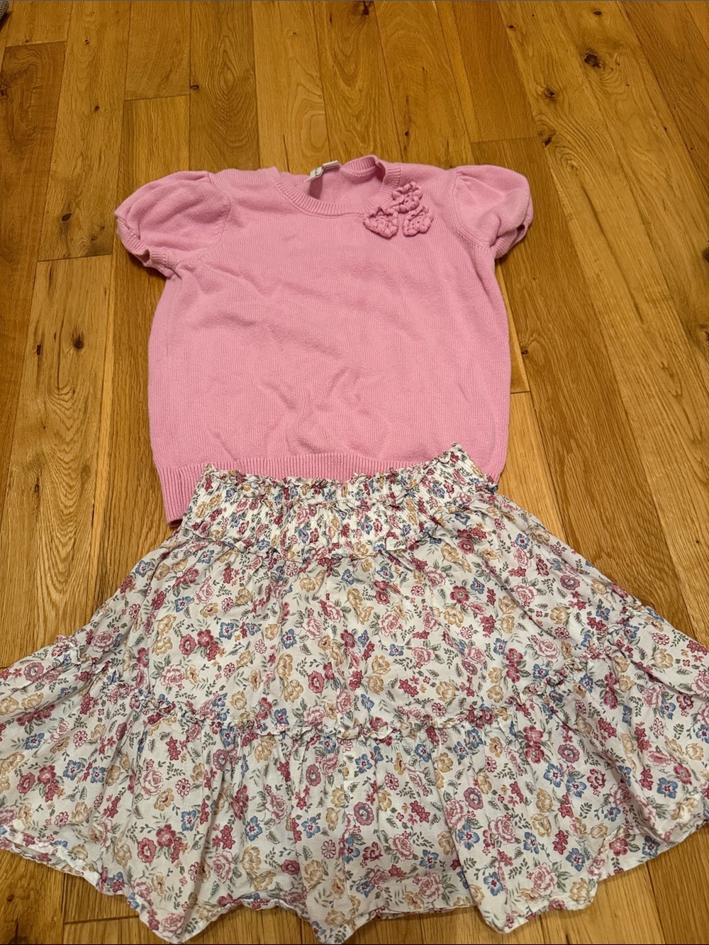 Janie and Jack Pink Knit Top with Floral Tiered Skirt
